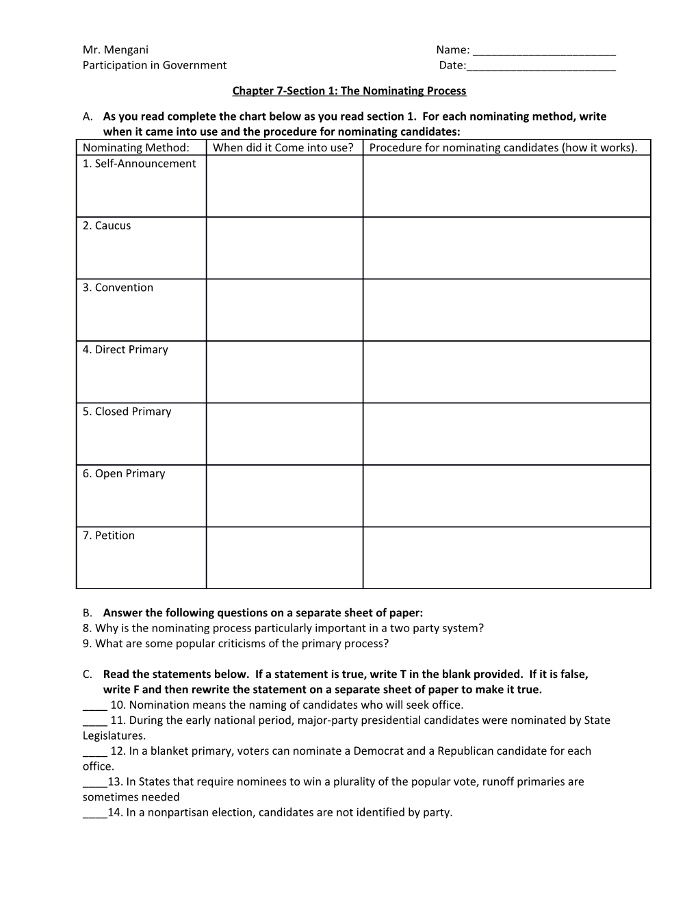 Chapter 7-Section 1: the Nominating Process