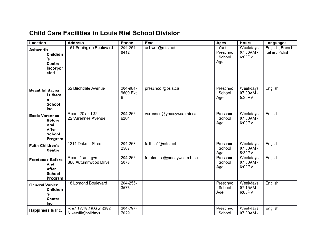 Child Care Facilities in Louis Riel School Division