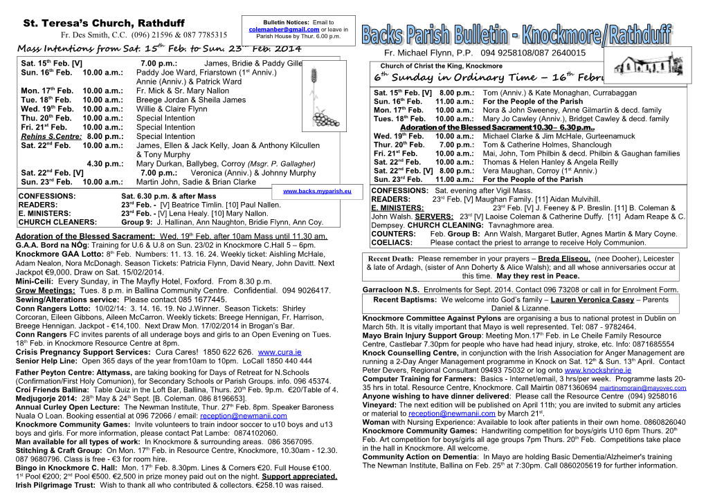 Mass Intentions from Sat. 15Th Feb. to Sun. 23Rd Feb. 2014