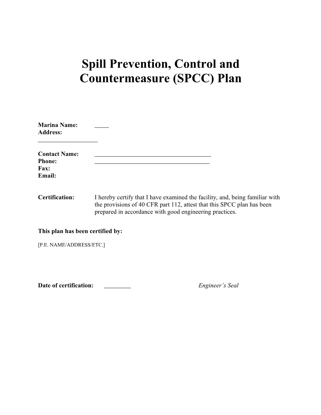 Spill Prevention, Control and Countermeasure (SPCC) Plan