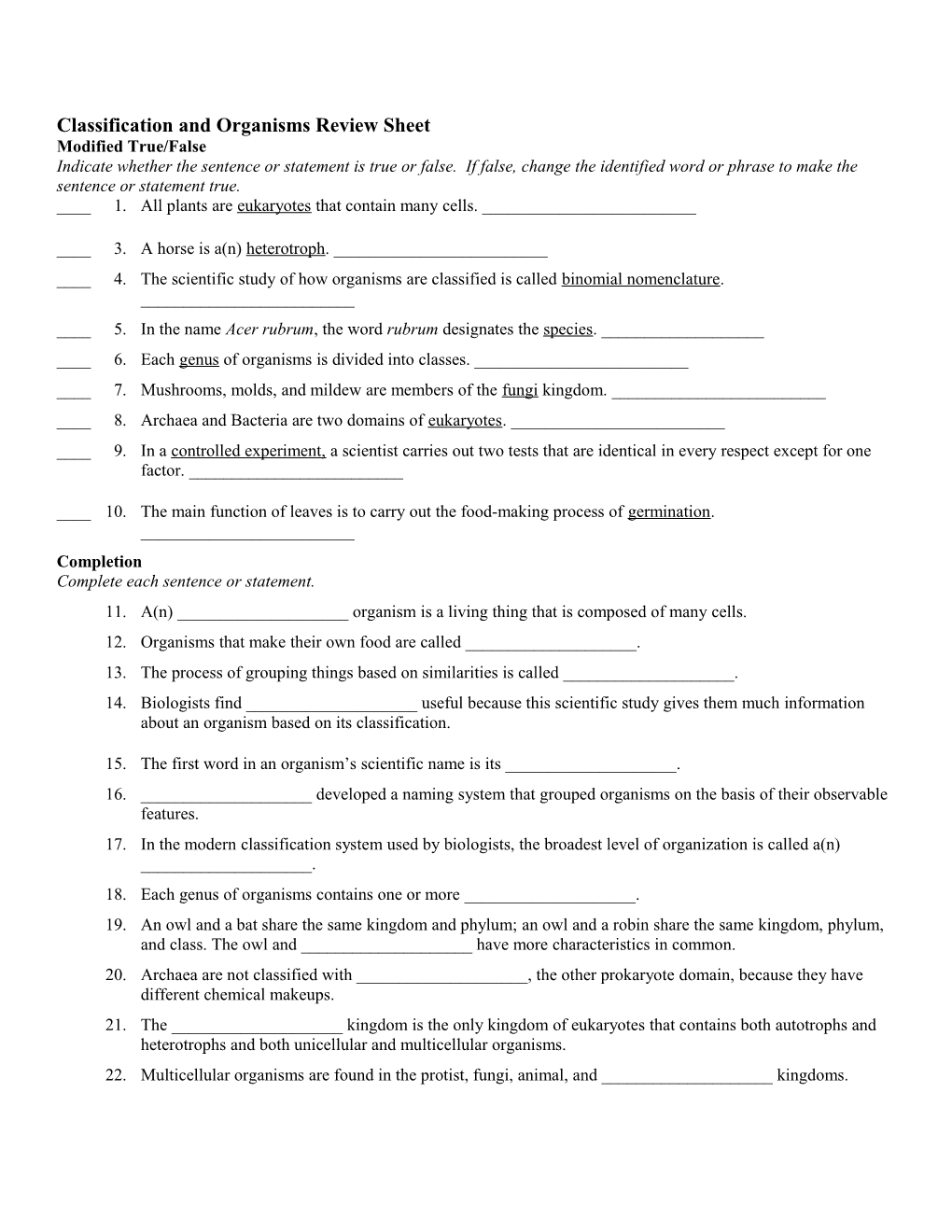 Classification and Organisms Review Sheet