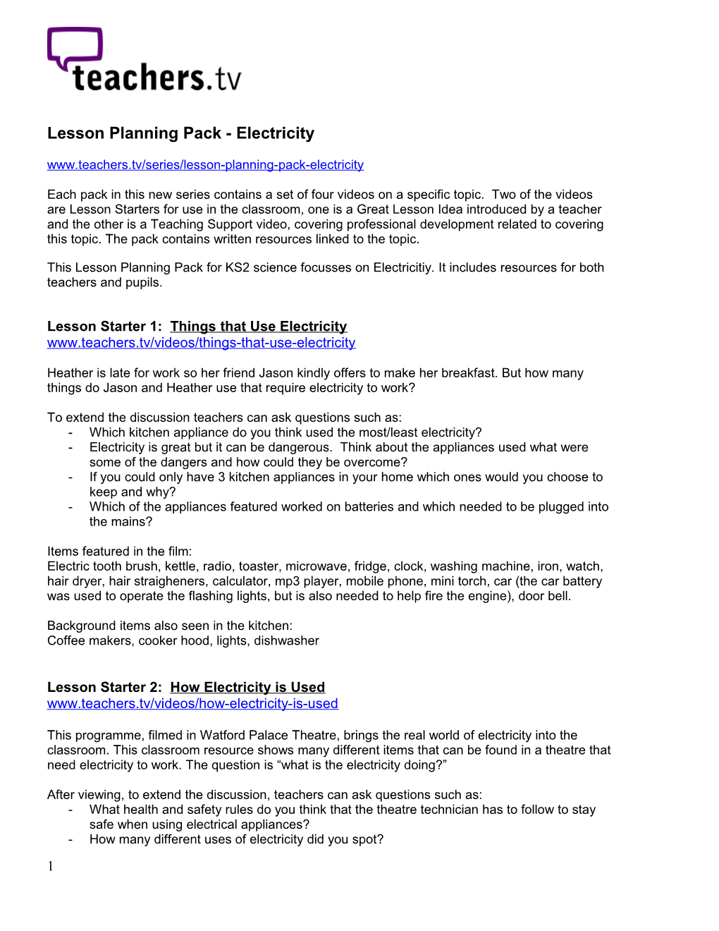 Lesson Planning Pack - Electricity