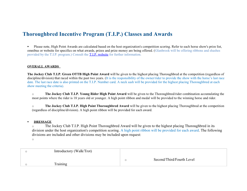 Thoroughbred Incentive Program (T.I.P.) Classes and Awards