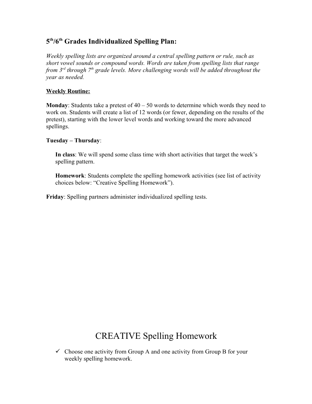 5Th/6Th Grades Individualized Spelling Plan