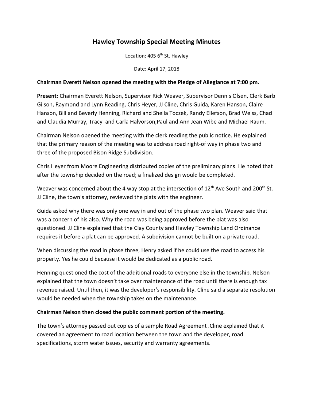 Hawley Township Special Meeting Minutes