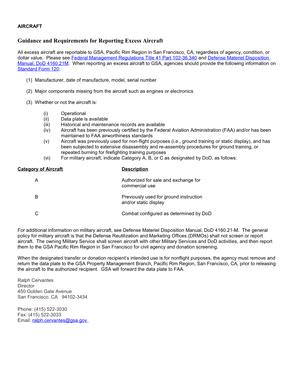 Guidance and Requirements for Reporting Excess Aircraft