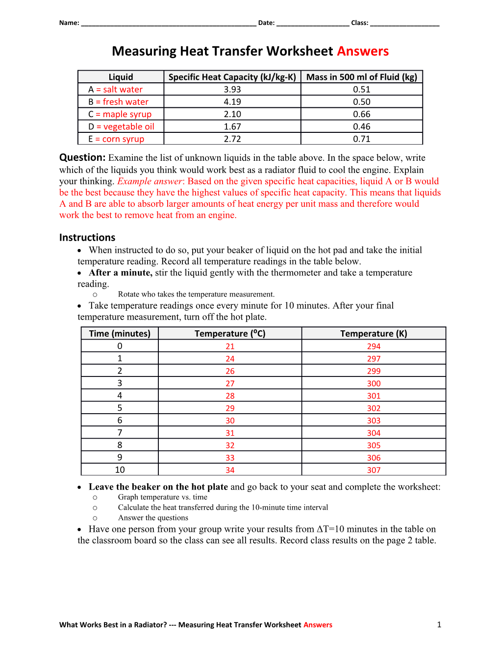Measuring Heat Transfer Worksheet Answers