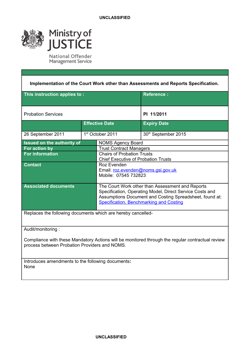 Implementation of the Court Work Other Than Assessments and Reports Specification