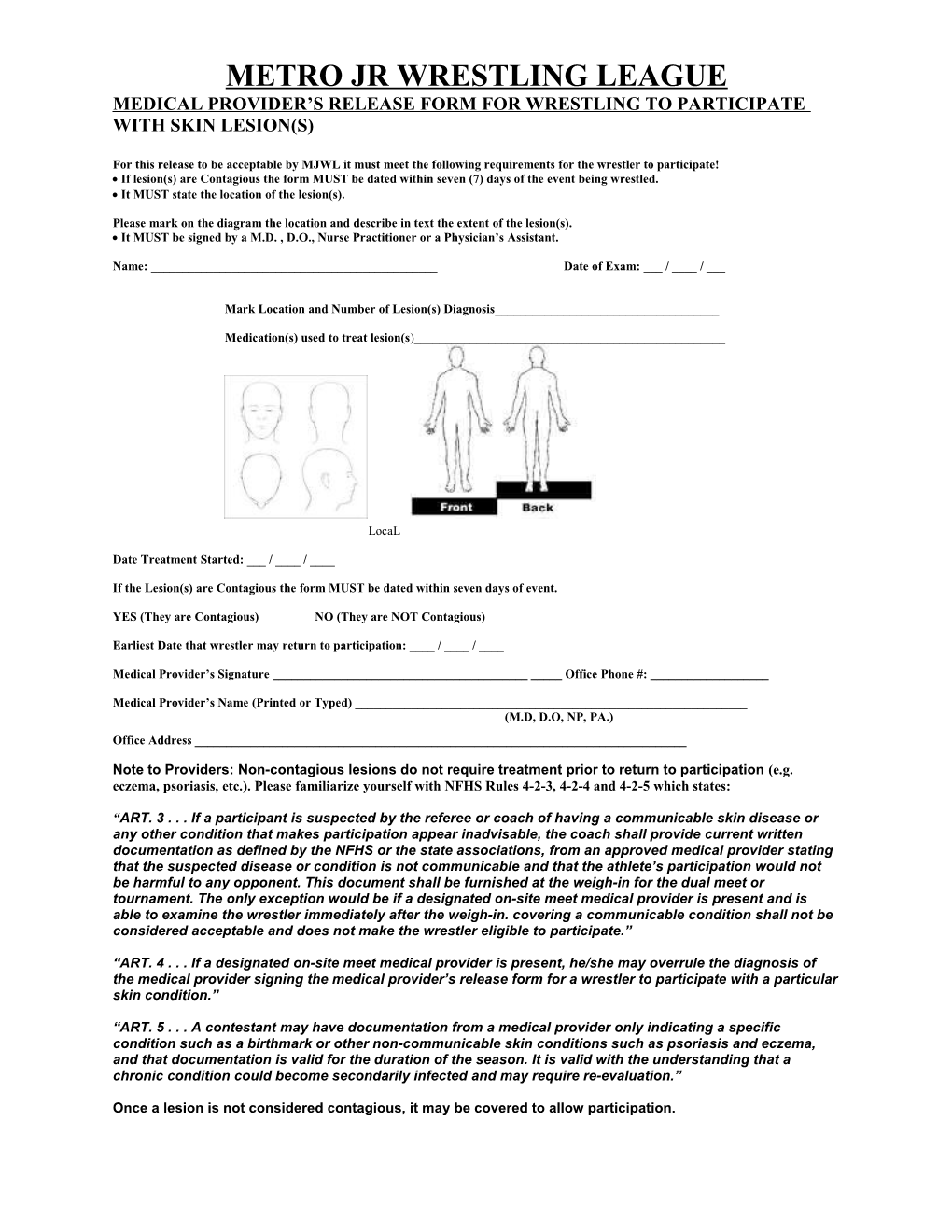 Medical Provider S Release Form for Wrestling to Participate with Skin Lesion(S)