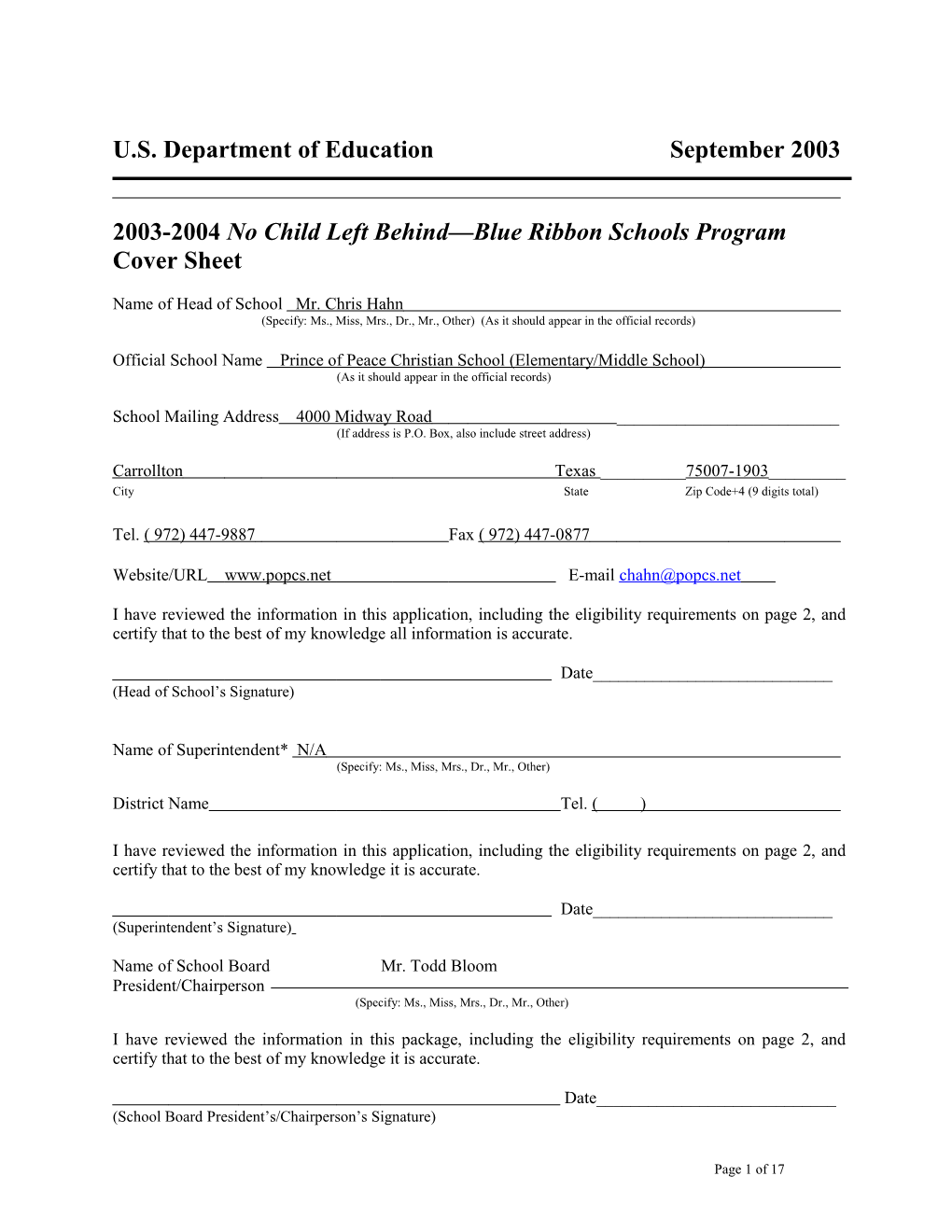 Prince of Peace Christian School 2004 No Child Left Behind-Blue Ribbon School Application