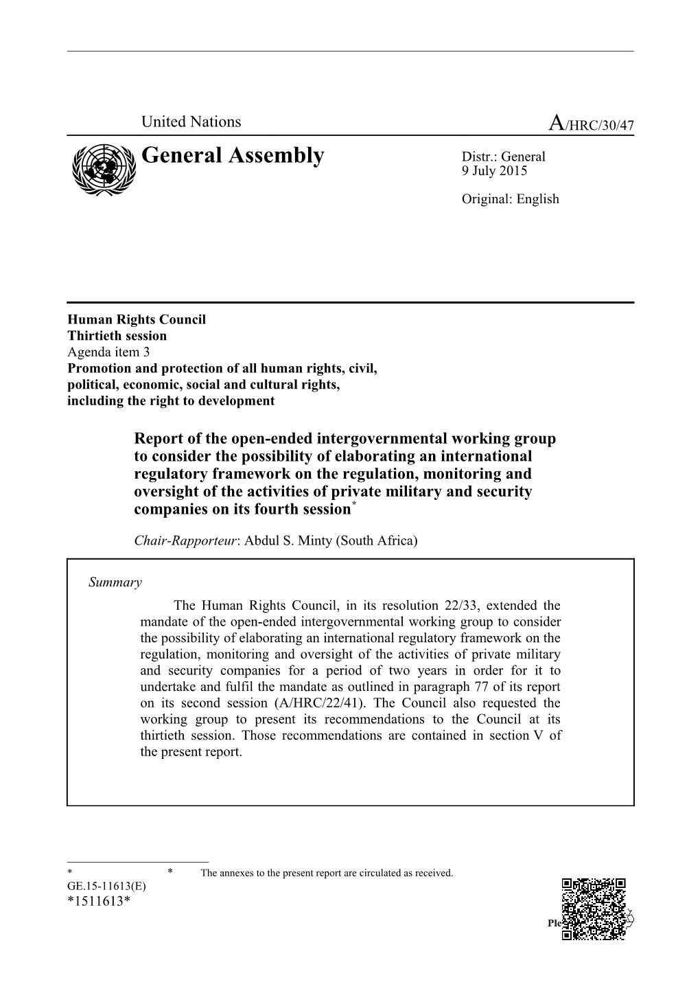 Report of the Open-Ended Intergovernmental Working Group on Private Military and Security