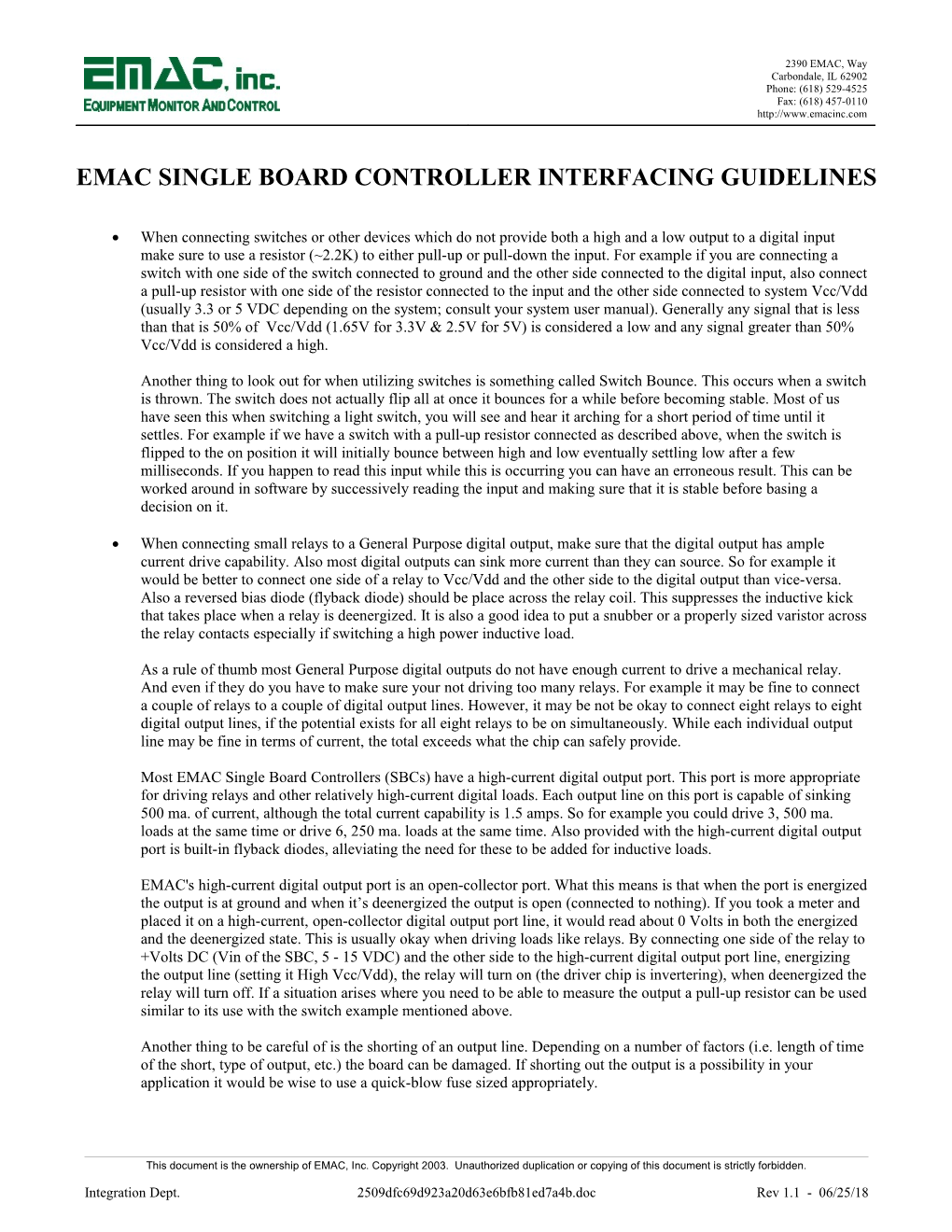 Emac Single Board Controller Interfacing Guidelines