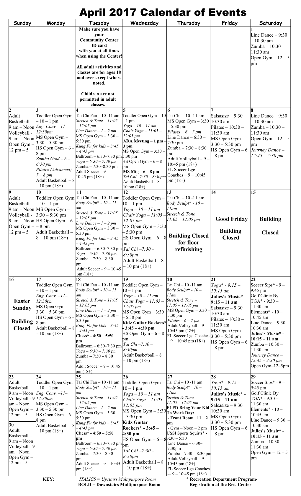 February Calendar of Scheduled Events