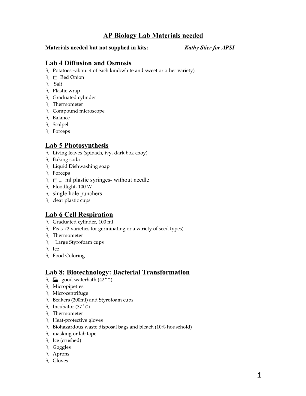 AP Biology Lab Materials Needed