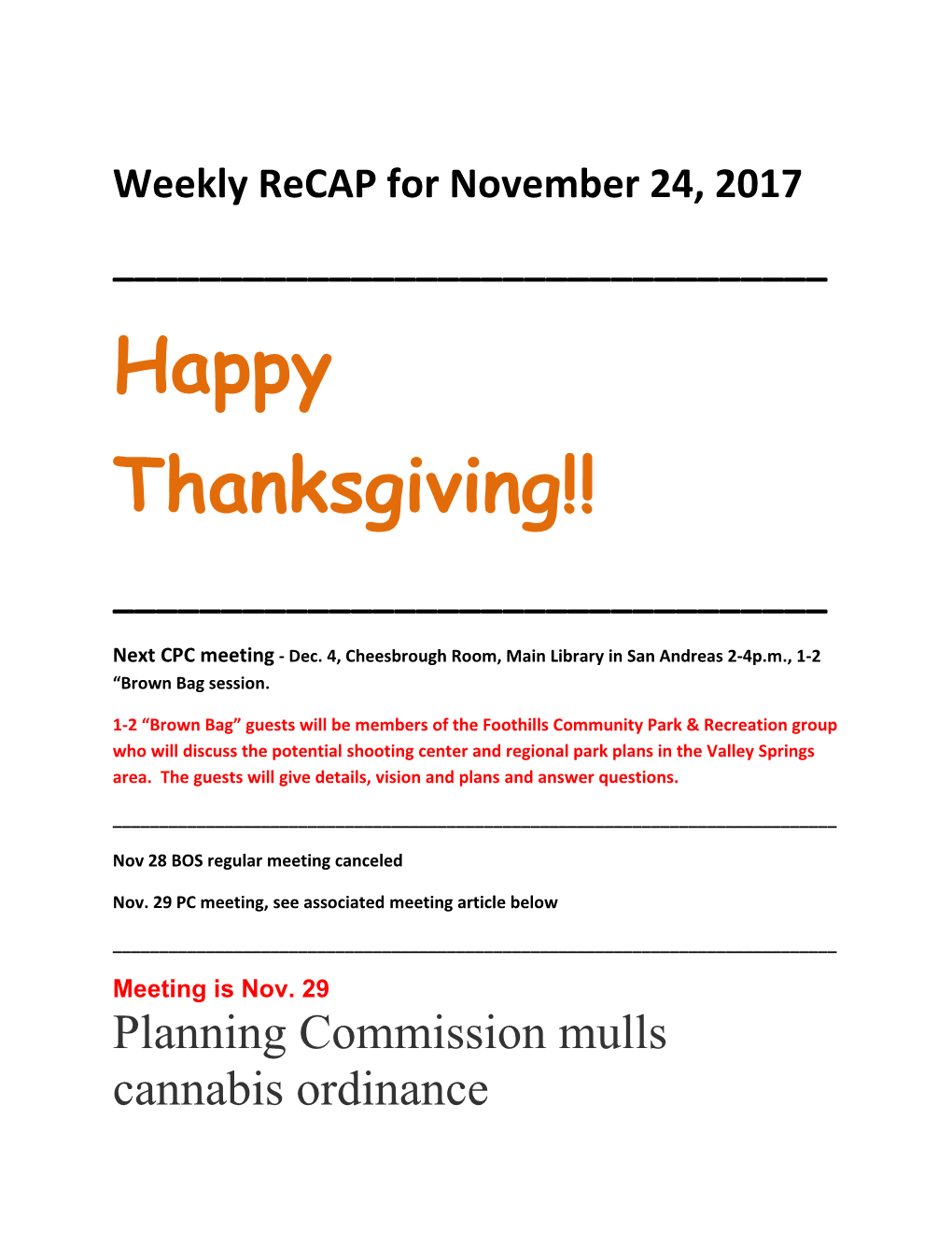 Weekly Recap for November 24, 2017