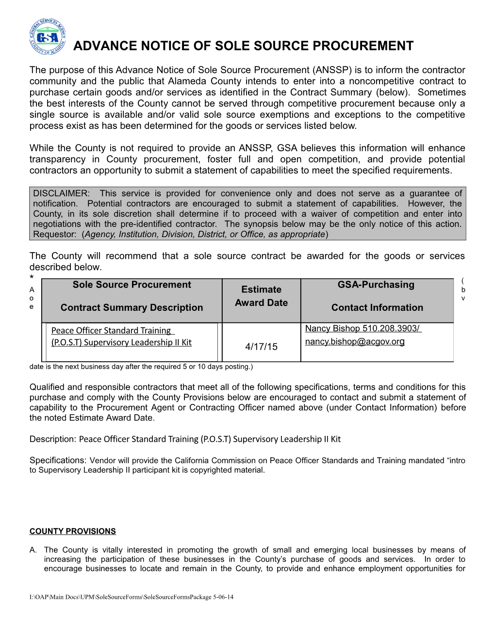 Advance Notice of Sole Source Procurement