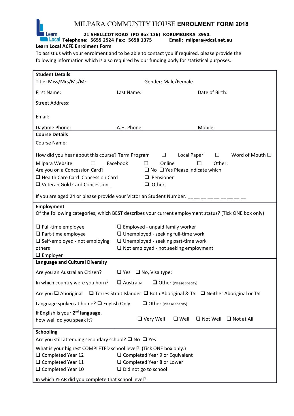 Learn Local ACFE Enrolment Form