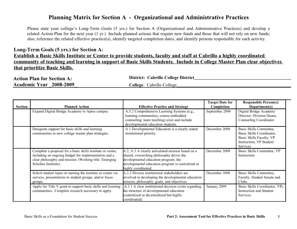 Planning Matrix for Section a - Organizational and Administrative Practices