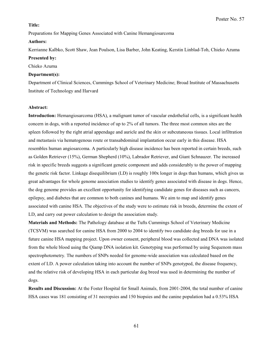 Preparations for Mapping Genes Associated with Canine Hemangiosarcoma