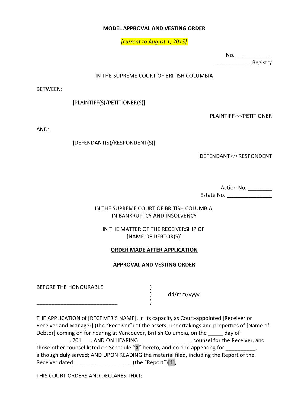 BCSC - Model Approval and Vesting Order