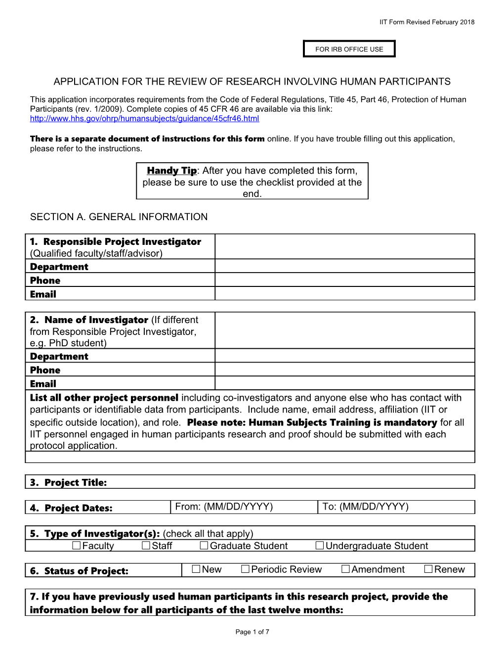 Application for the Review of Research Involving Human Subjects