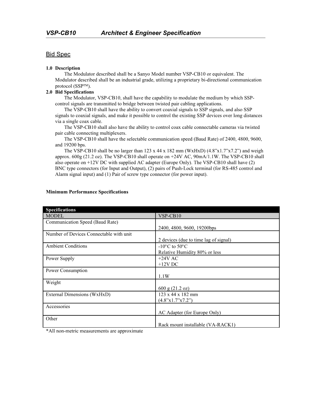 VSP-CB10 Architect & Engineer Specification