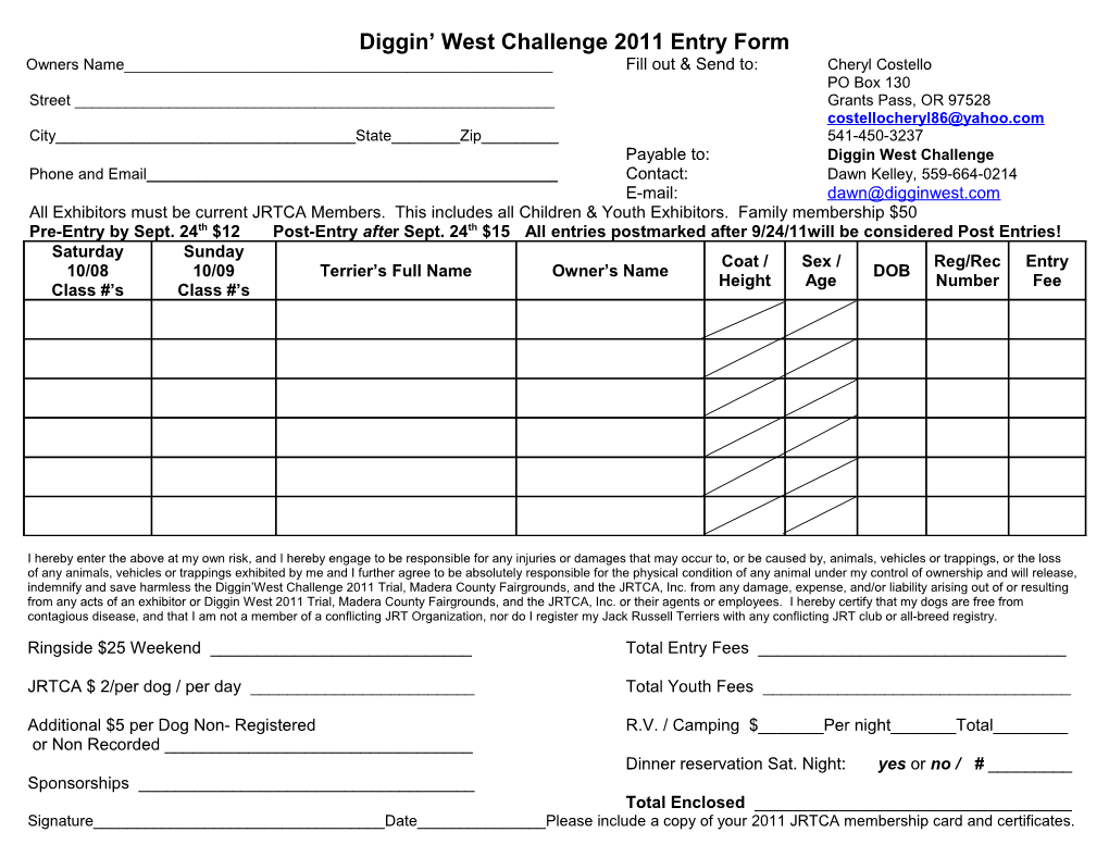 Diggin West Challenge 2004 Entry Form