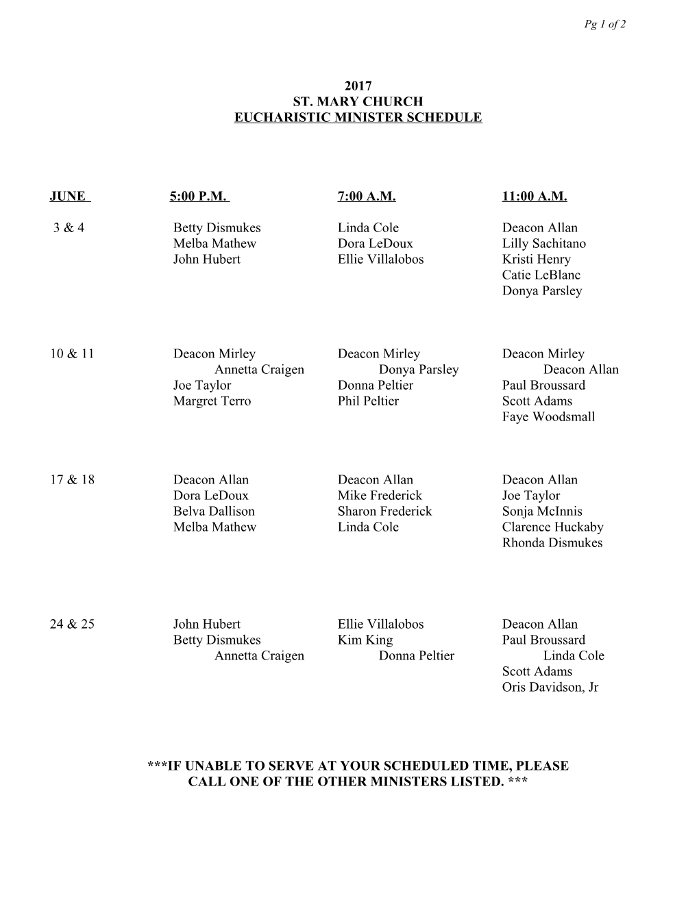 Eucharistic Minister Schedule