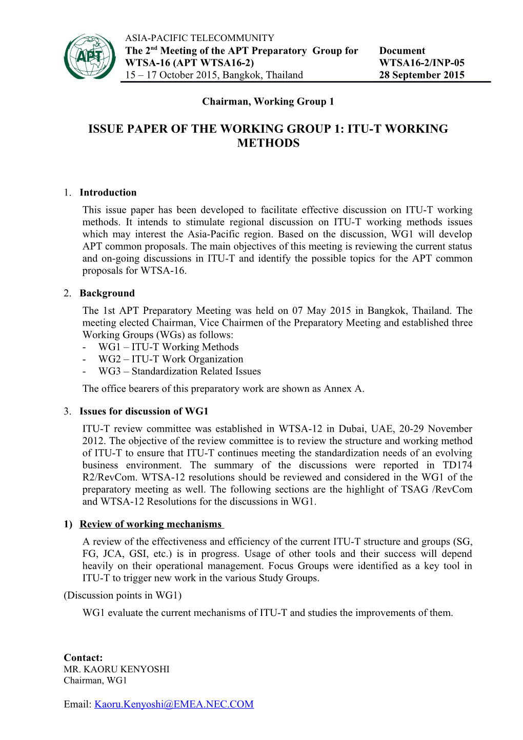 Issue Paper of the Working Group 1: ITU-T Working Methods