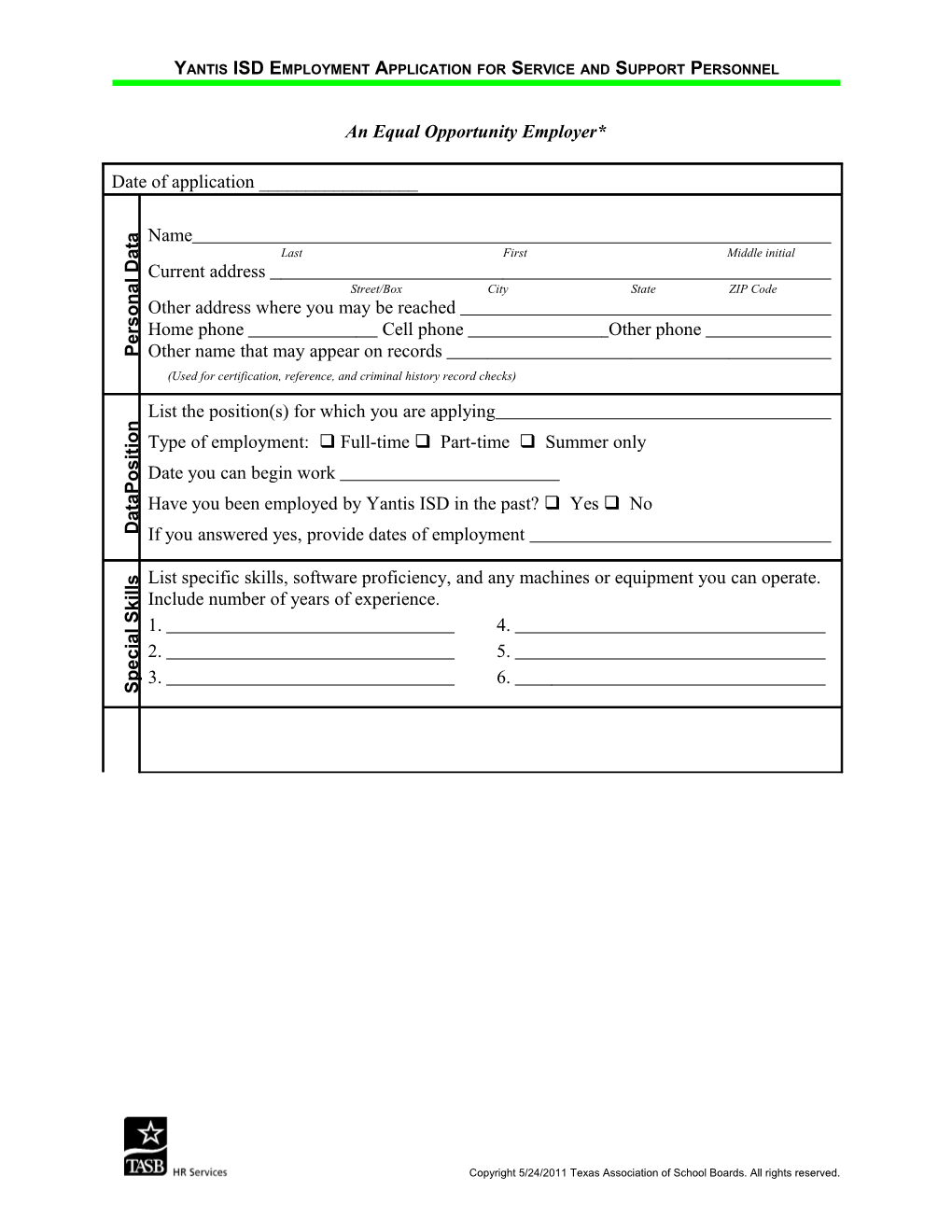 Employment Application for Service and Support Personnel