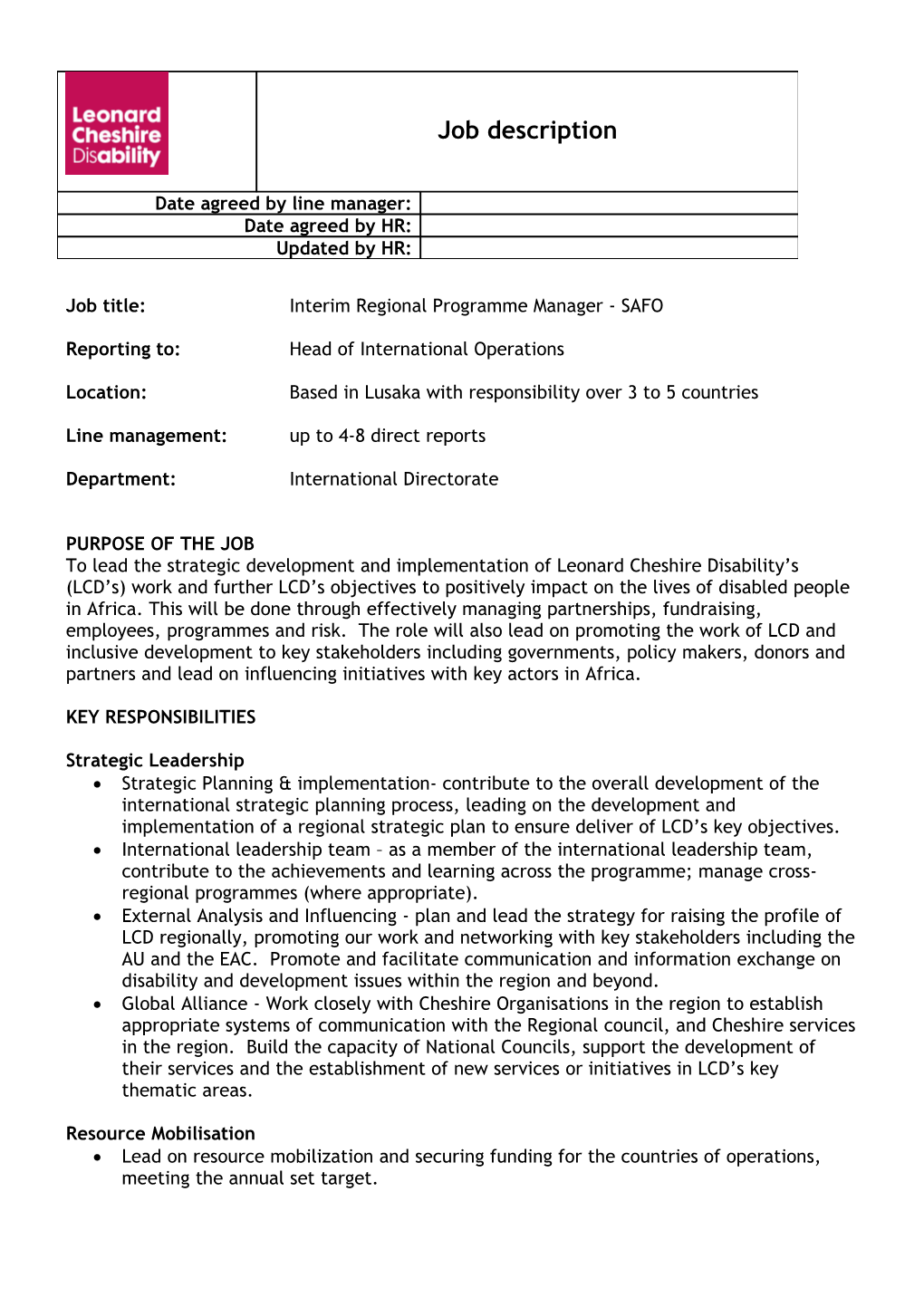 Job Title:Interim Regional Programme Manager - SAFO