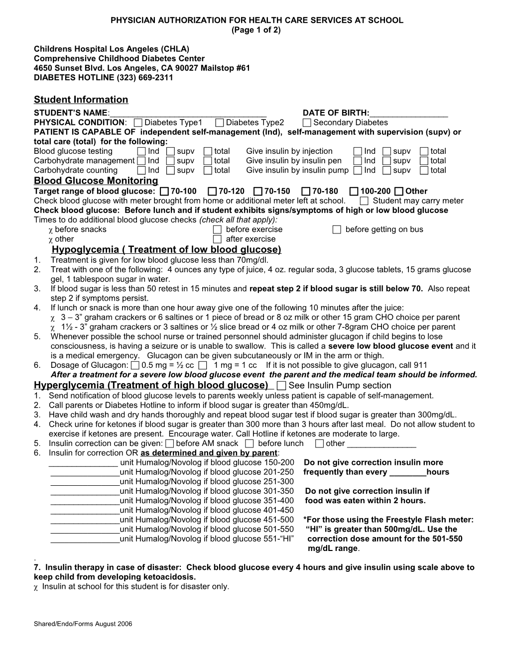 Physician Authorization for Health Care Services at School