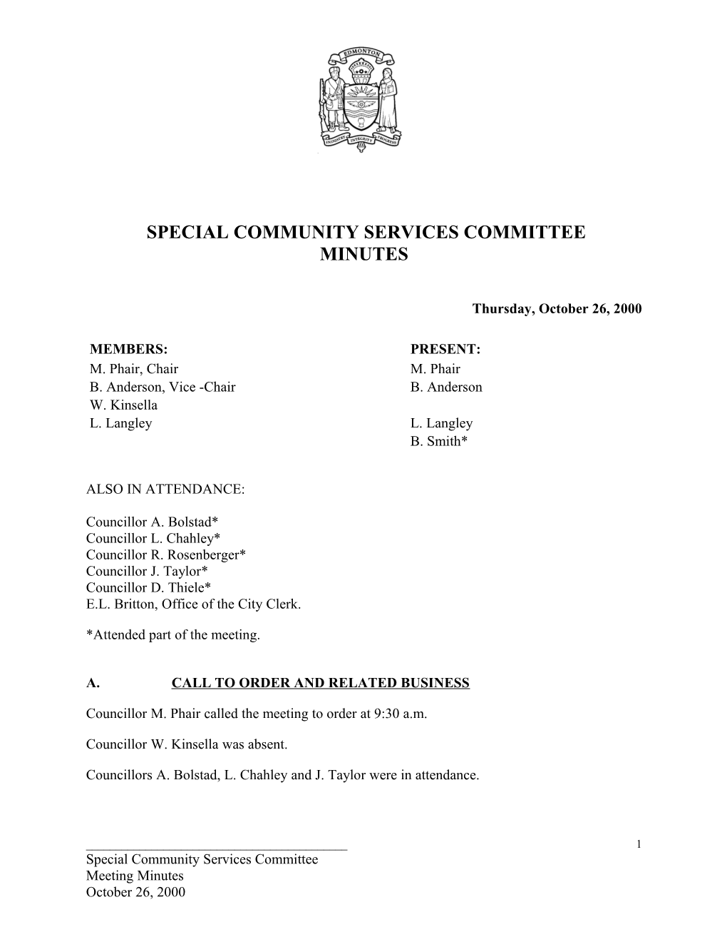 Minutes for Community Services Committee October 26, 2000 Meeting