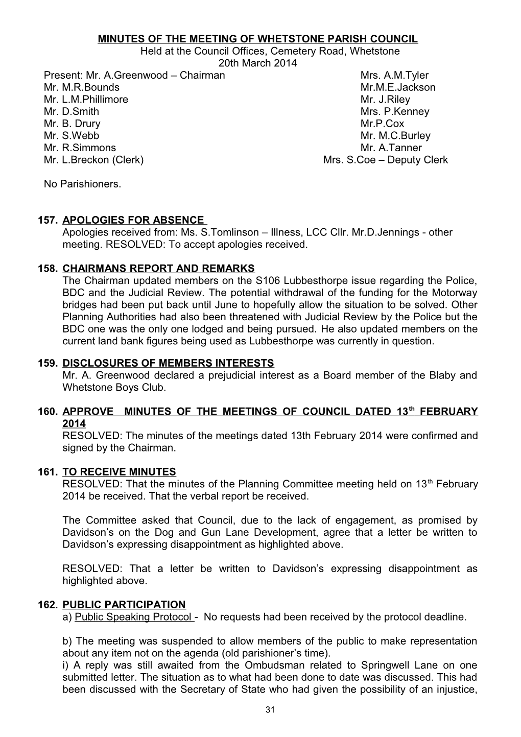 Minutes of Annual Meeting of Whetstone Parish Council