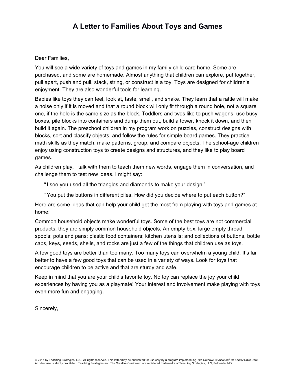 A Letter to Families About Toys and Games
