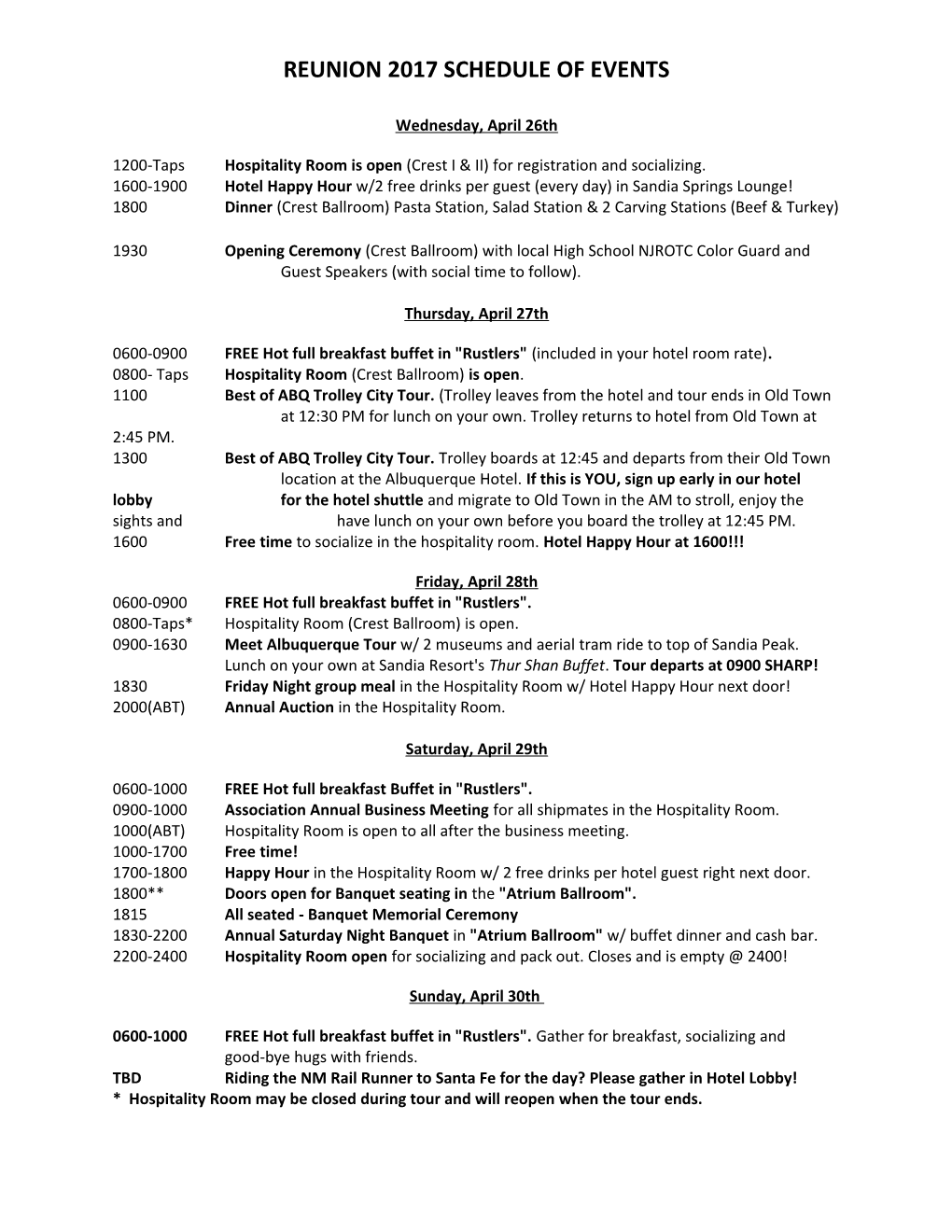 Reunion 2017 Schedule of Events