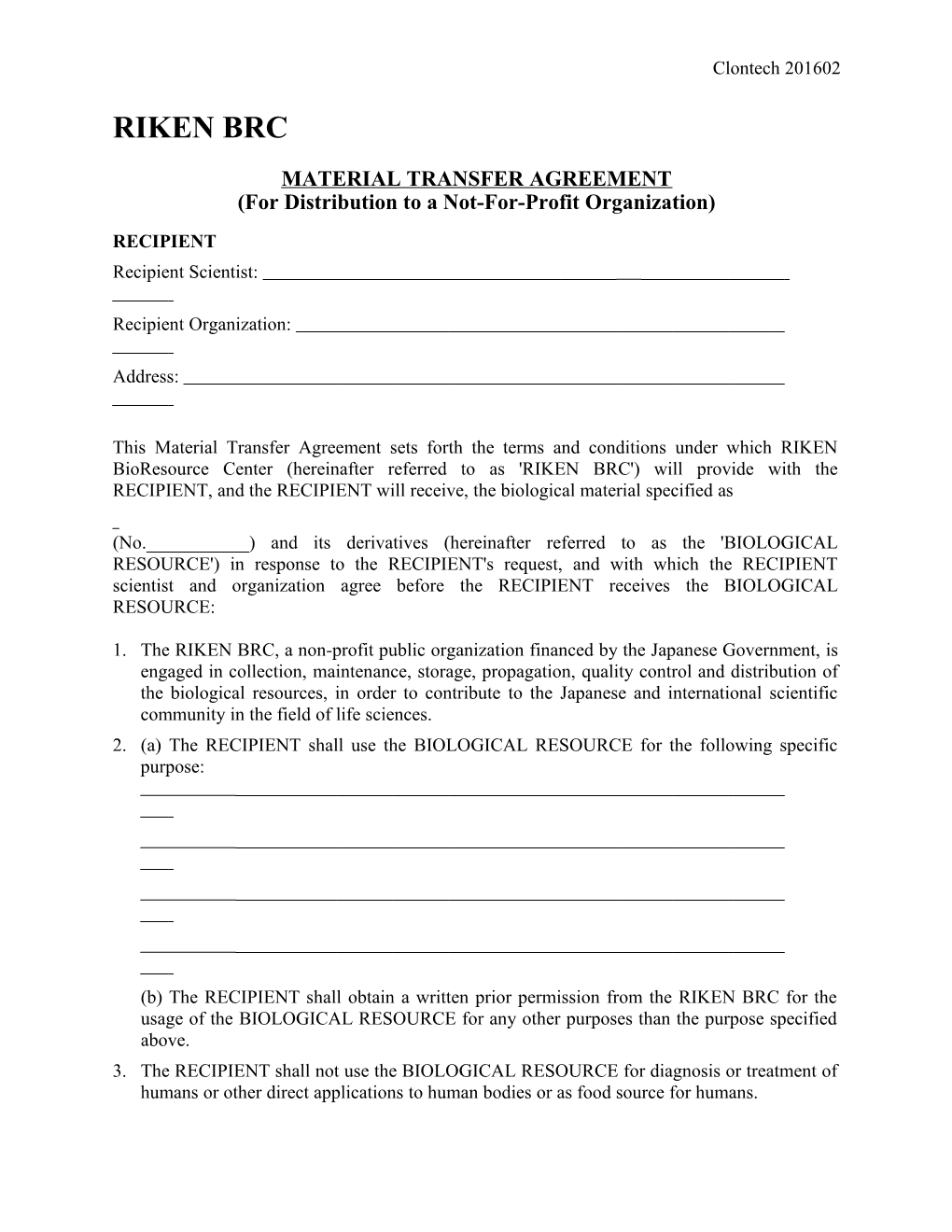 Fluorescent Proteins Repository and Distribution Limited Commercial Use License