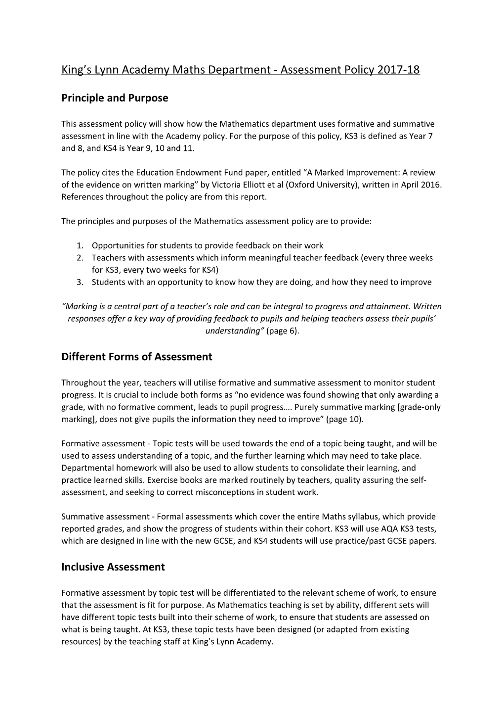 King S Lynn Academy Maths Department - Assessment Policy 2017-18