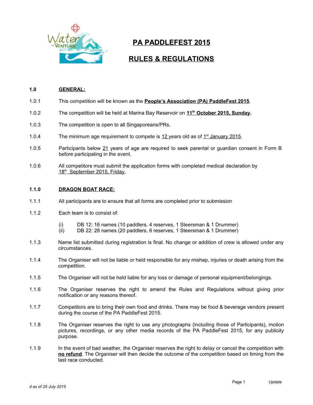1.0.1 This Competition Will Be Known As the People S Association (PA) Paddlefest 2015