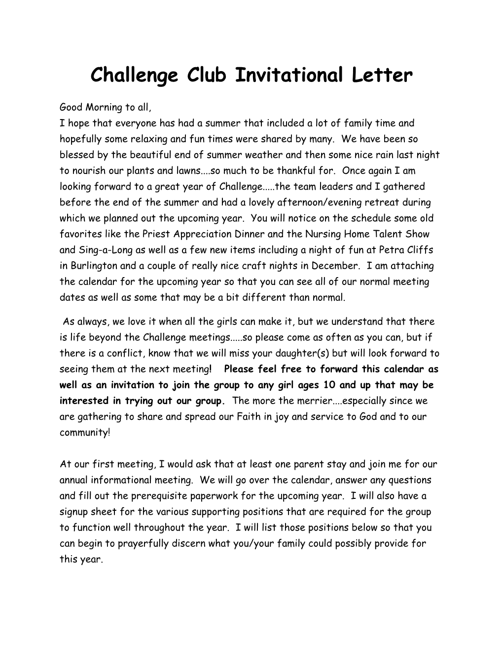 Challenge Club Invitational Letter