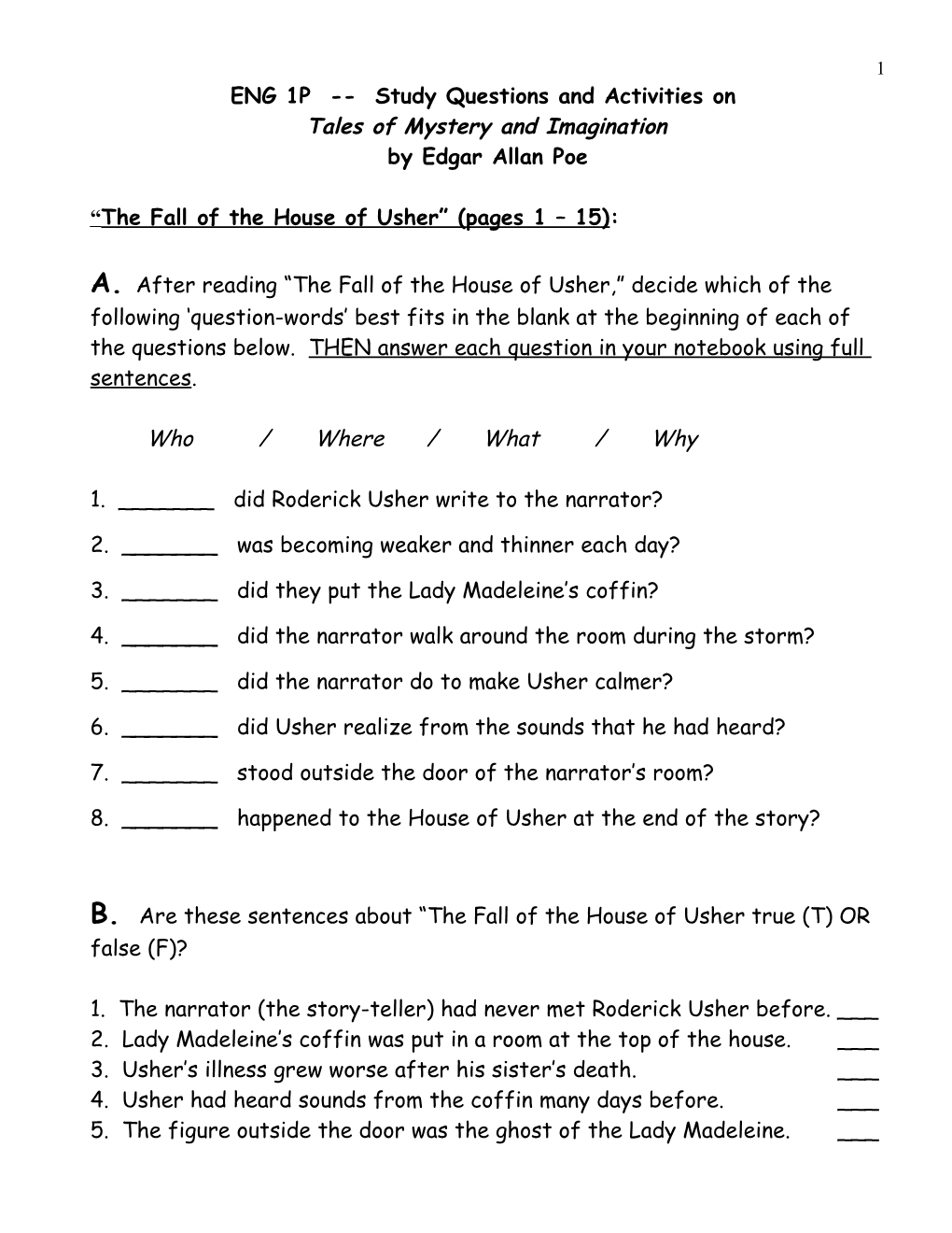ENG 1P Study Questions and Activities On