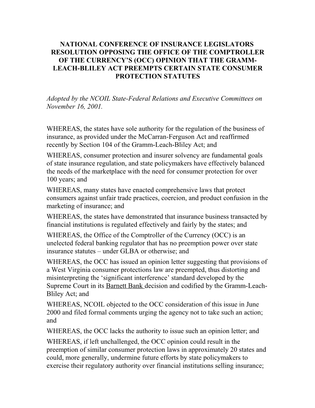 National Conference of Insurance Legislators Resolution Opposing the Office of the Comptroller