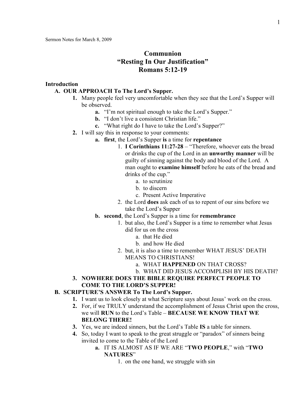 Sermon Notes for March 8, 2009