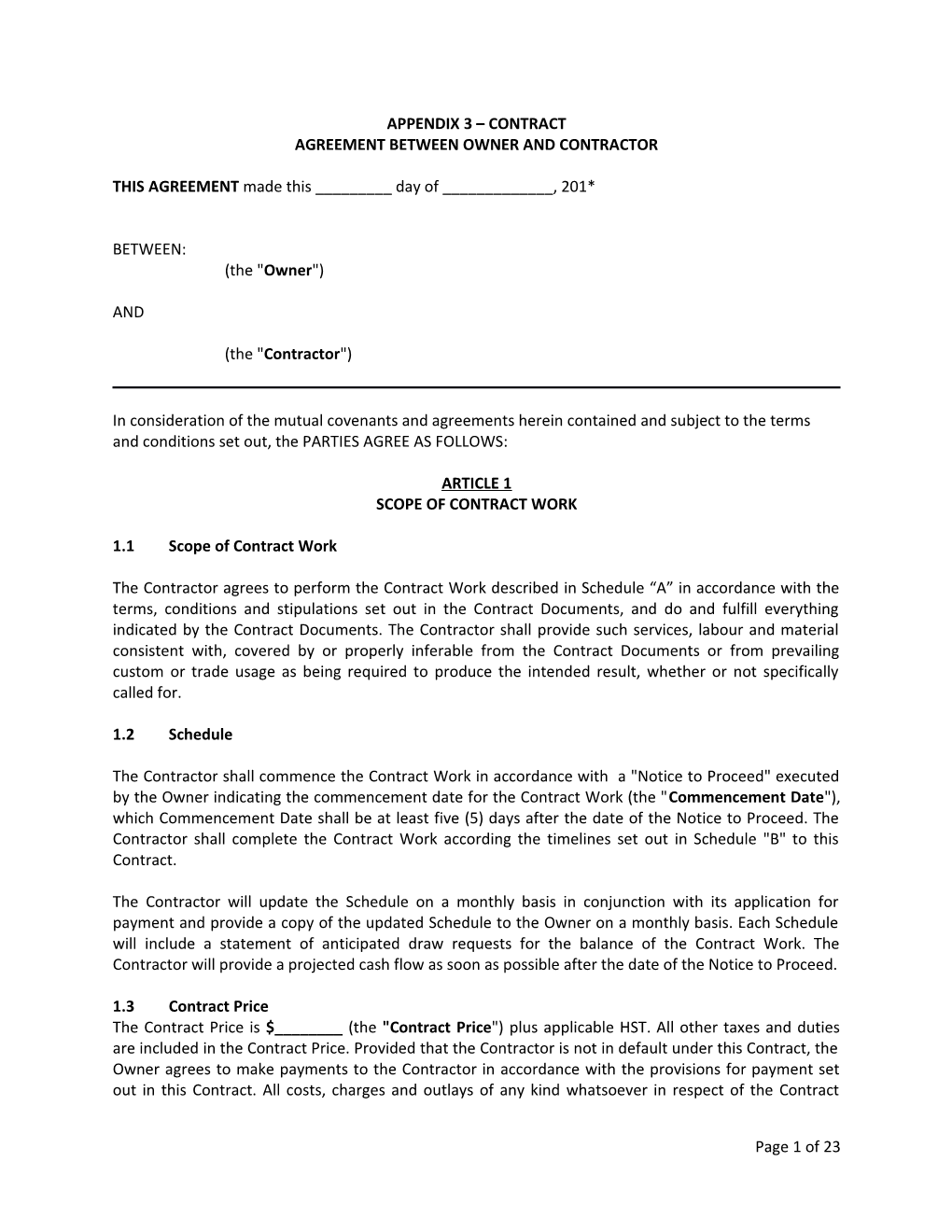 Agreement Between Owner and Contractor