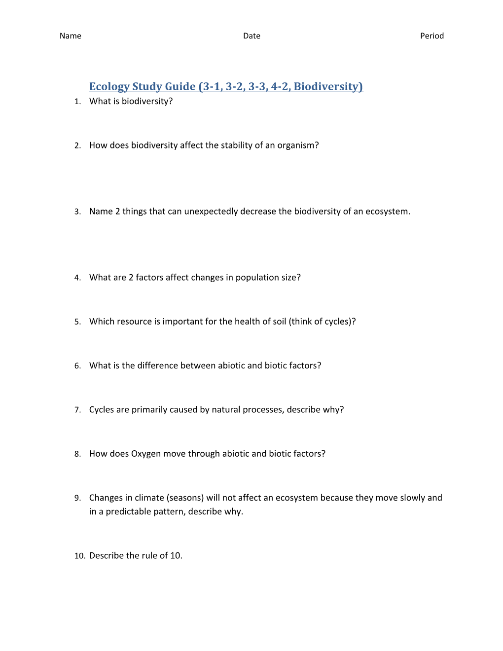 Ecology Study Guide (3-1, 3-2, 3-3, 4-2, Biodiversity)