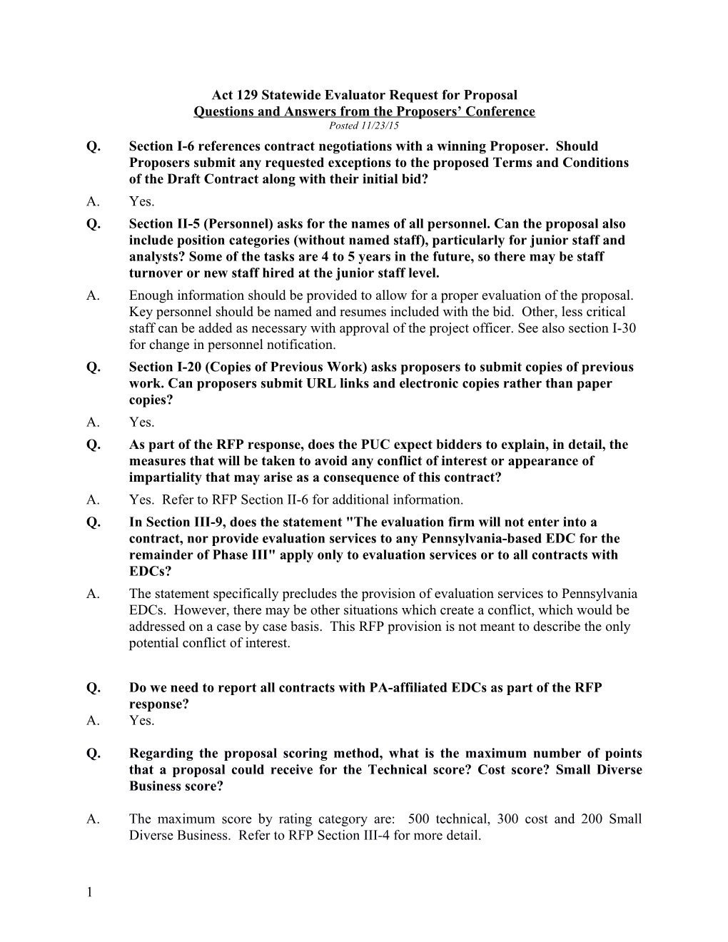 Act 129 Statewide Evaluator Request for Proposal
