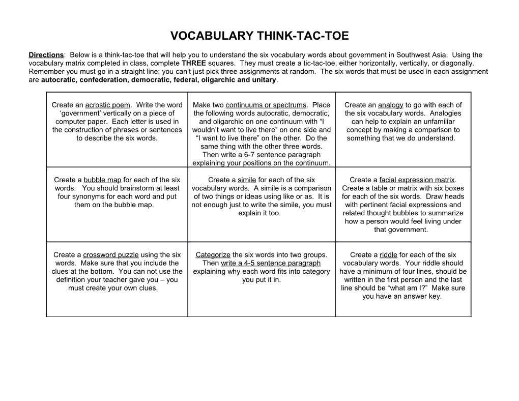 Vocabulary Think-Tac-Toe