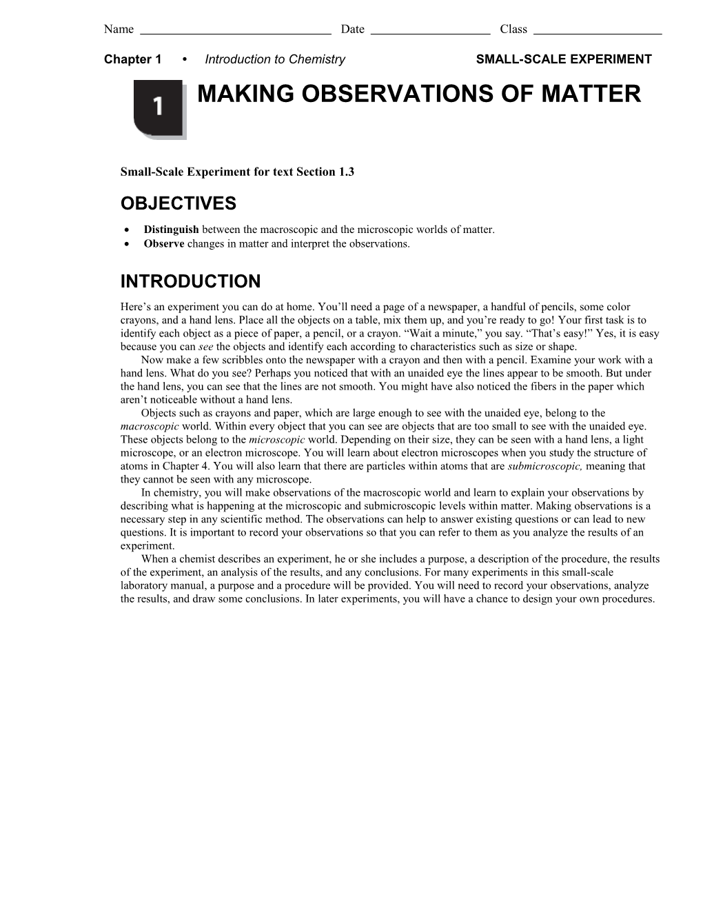 Chapter 1 Introduction to Chemistry SMALL-SCALE EXPERIMENT