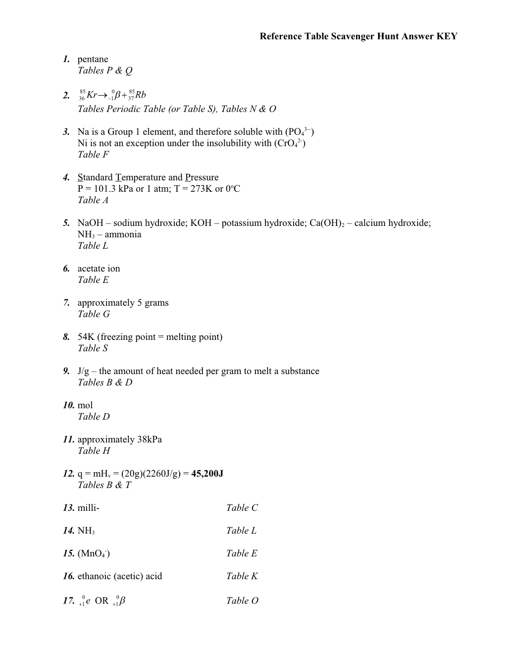 Reference Table Scavenger Hunt Answer KEY