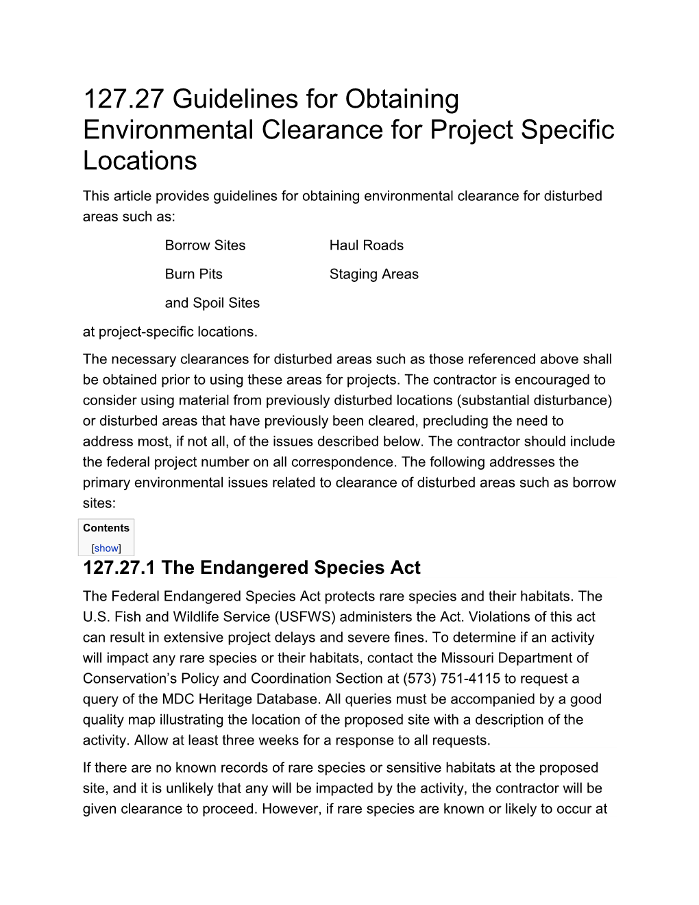 127.27 Guidelines for Obtaining Environmental Clearance for Project Specific Locations
